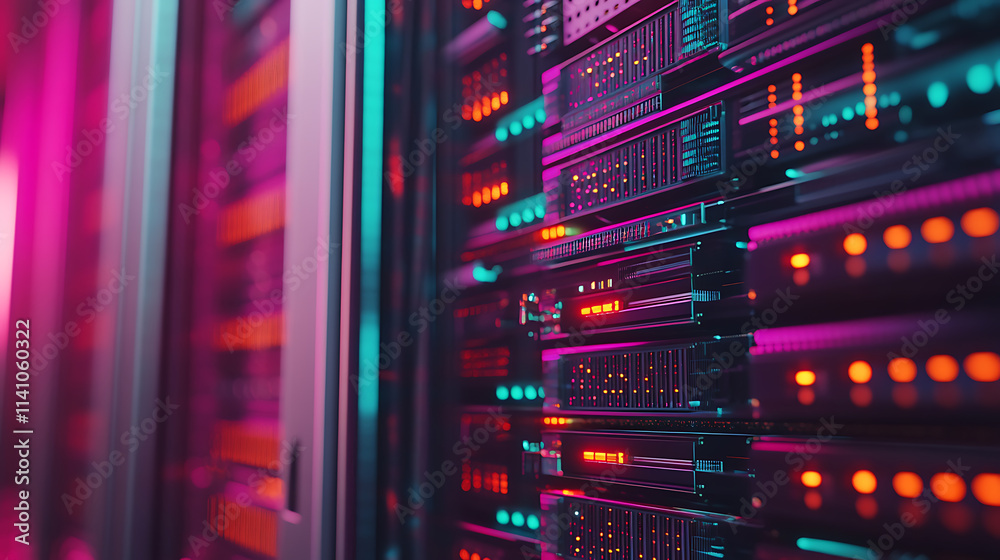 Leinwandbilder Closeup of server racks with cables in a data center, showcasing the complexity of connections, vibrant lights, and high-tech infrastructure