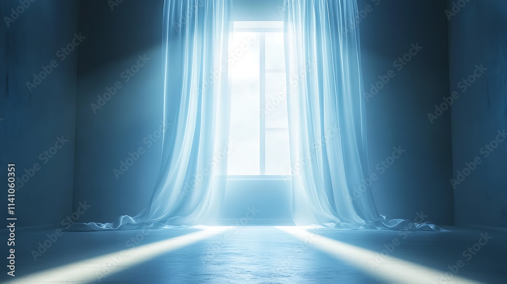 Poster backlit window with white curtains in empty room, abstract interior