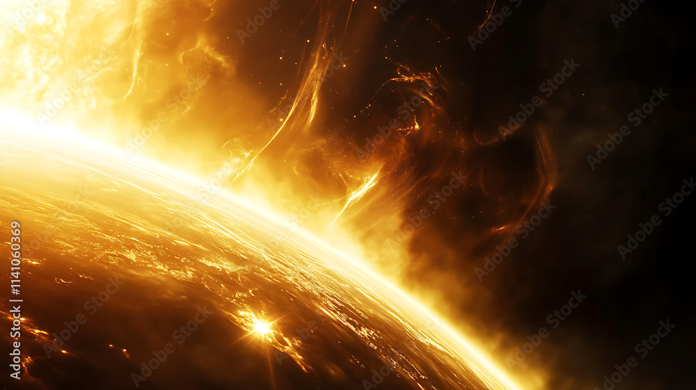 Aufkleber closeup of the sun's surface with visible energy waves emanating from it towards earth, the backgrou