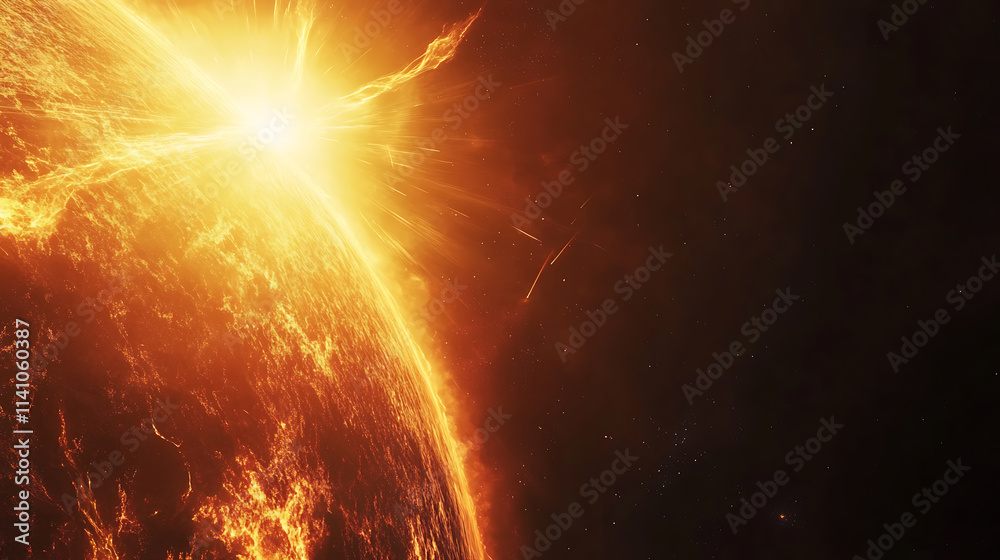 Aufkleber closeup of the sun's surface with visible energy waves emanating from it towards earth, the backgrou