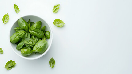 Obraz premium Basil leaves in bowl, top view, white background, space for copy, flat lay