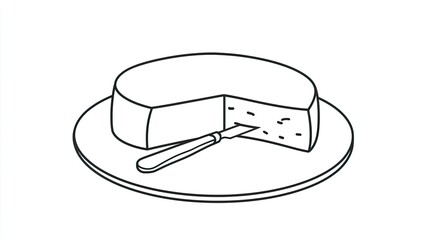 A simple illustration of a round cheese wheel with a slice cut out and a knife beside it.