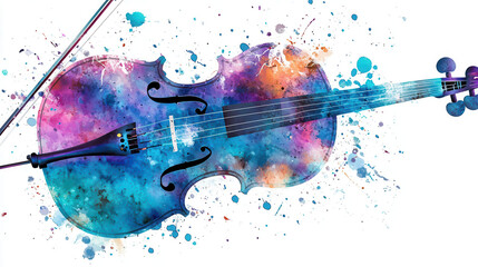 Naklejka premium A colorful artistic cello with dynamic abstract splashes of blue, purple, and teal watercolor, sharp lines highlighting the details of the cello, set against a pure white background. The colors are bo