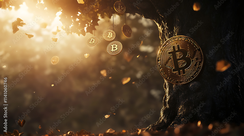Poster Big tree with bitcoin hanging and fall from the tree, investment background theme, tree made of bitcoin