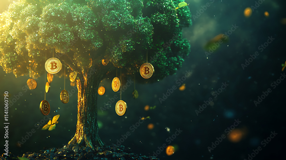 Poster Big tree with bitcoin hanging and fall from the tree, investment background theme, tree made of bitcoin