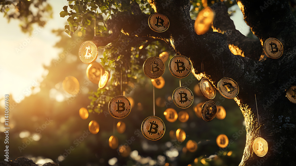 Fototapete Big tree with bitcoin hanging and fall from the tree, investment background theme, tree made of bitcoin