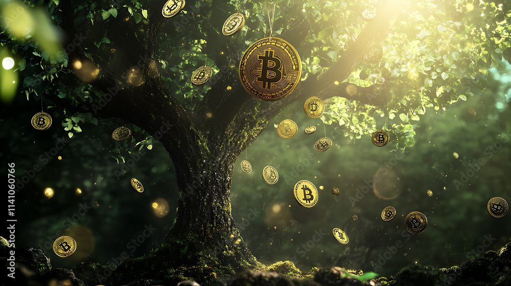 Aufkleber big tree with bitcoin hanging and fall from the tree, investment background theme, tree made of bitc