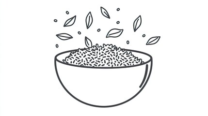A line drawing of a bowl of rice with leaves and grains floating above it.