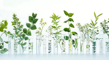 Biology laboratory nature and science, plant and environmental study, dna, gene therapy, and plants with biochemistry structures on white background