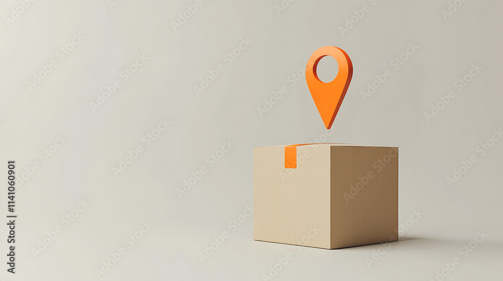 Aufkleber 3d cardboard box with orange location marker icon hovering above it against plain light colored back