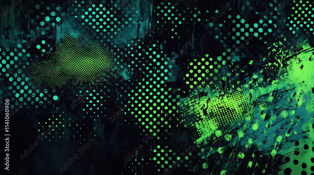 Poster black and green halftone background with grungy dots