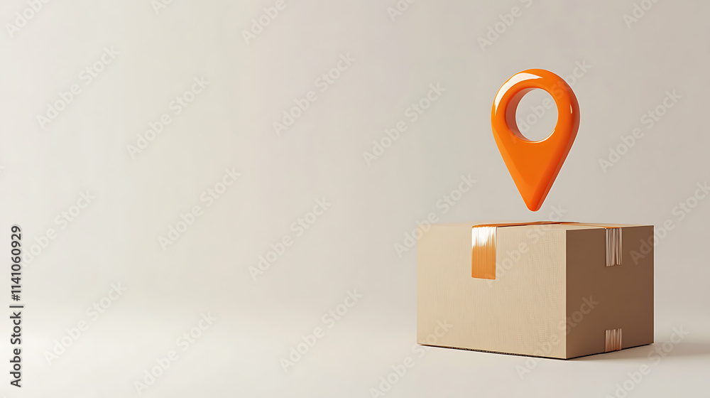 Poster 3d cardboard box with orange location marker icon hovering above it against plain light colored back