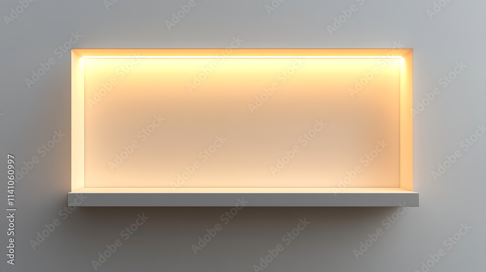 Poster 3d mockup of an empty niche or shelf with an led light on a white wall, display case made of plastic