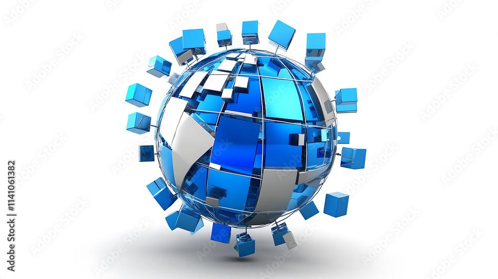 Aufkleber A blue and silver digital globe on a white background, surrounded by many small cube icons representing global network connections