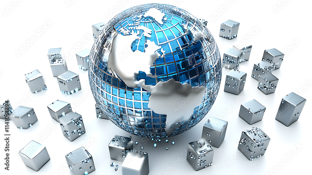 Poster A blue and silver digital globe on a white background, surrounded by many small cube icons representing global network connections