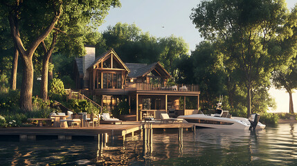 Obraz premium A beautiful house on the water with an oversized dock and a boat at its edge, surrounded by trees the deck features various seating areas for relaxing or socializing during summer nights