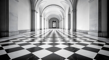 A black and white photo of a checkered floor