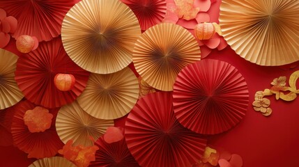 Vibrant Chinese New Year Decorations Festive Red and Gold Paper Fans