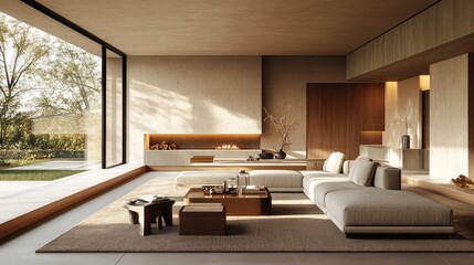 Modern minimalist living room with large window, beige sofa, and fireplace.