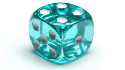 A translucent turquoise die showing the numbers six and one.