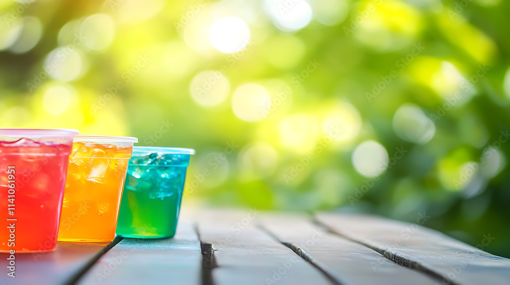 Aufkleber a close up of a empty wooden table with colorful summer slushies background