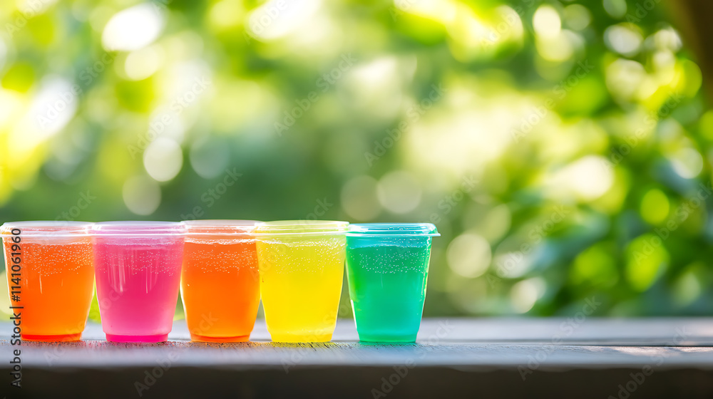Aufkleber a close up of a empty wooden table with colorful summer slushies background