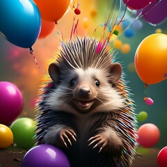 Illustration of a porcupine or hedgehog surrounded by balloons