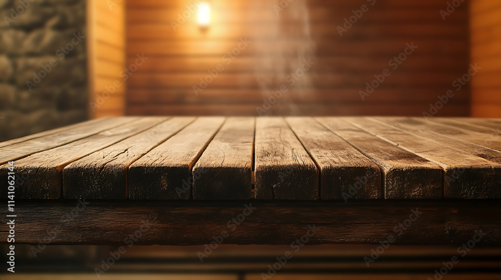 Poster A close up of a rustic empty wooden table with blurred barbershop background
