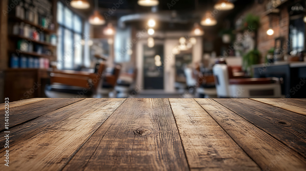 Poster a close up of a rustic empty wooden table with blurred barbershop background
