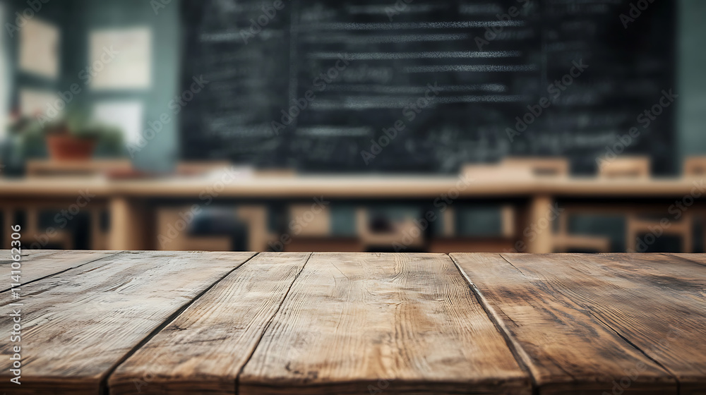 Poster A close up of a rustic empty wooden table with blurred barbershop background