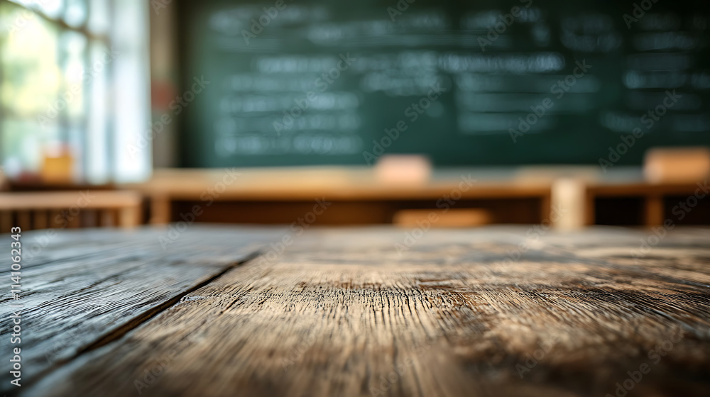 Poster a close up of a rustic empty wooden table with blurred barbershop background