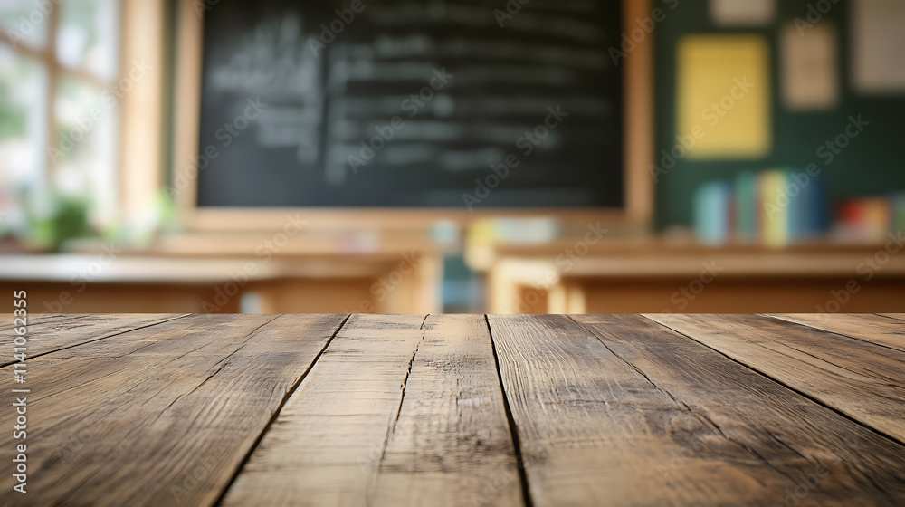 Poster a close up of a rustic empty wooden table with blurred barbershop background