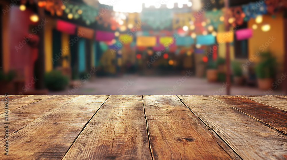 Poster A close up of a rustic empty wooden table with blurred barbershop background