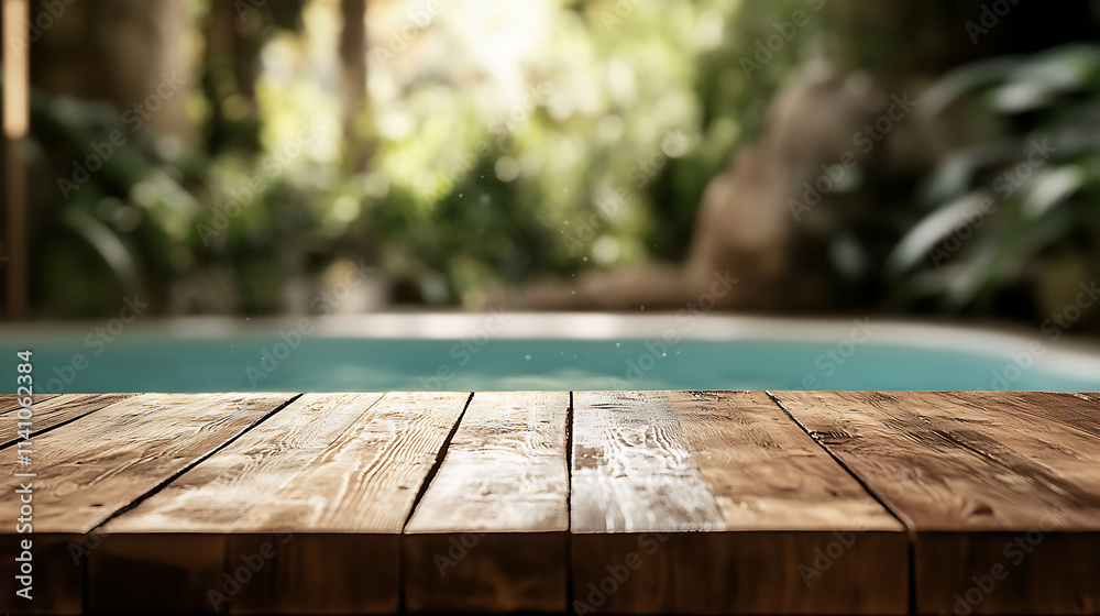 Aufkleber a close up of a rustic empty wooden table with blurred barbershop background