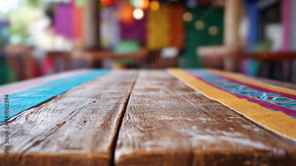 Poster a close up of a rustic empty wooden table with blurred barbershop background