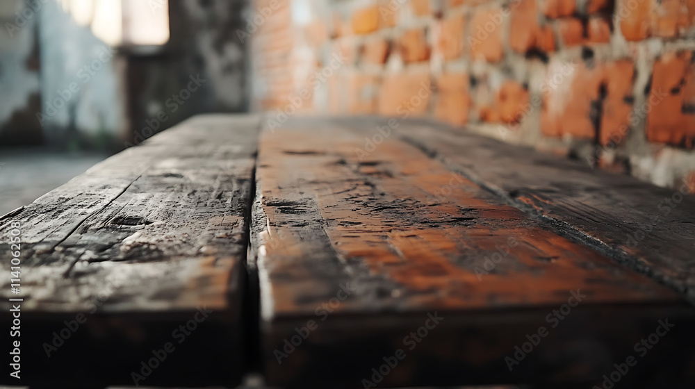 Poster a close up of a rustic empty wooden table with blurred barbershop background