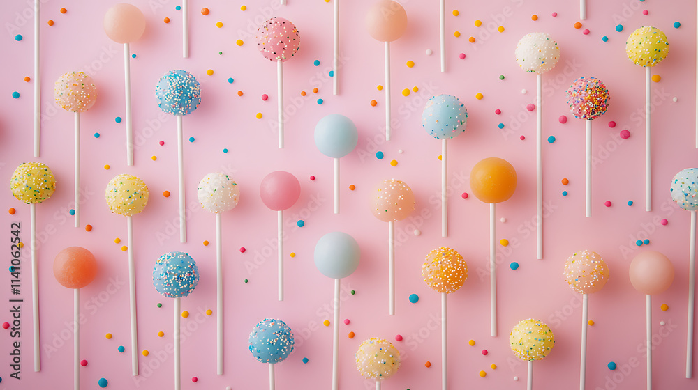 Poster a collection of colorful lollipops on a pastel background with sprinkles and sprinkles on them, all 