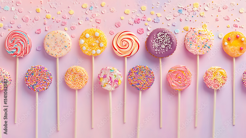 Poster a collection of colorful lollipops on a pastel background with sprinkles and sprinkles on them, all 