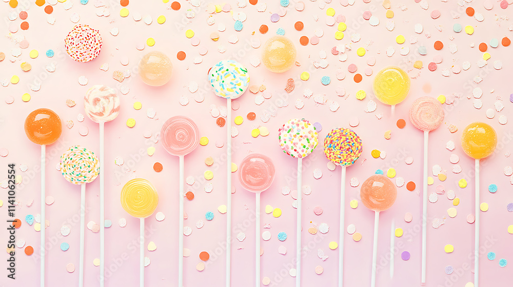 Poster a collection of colorful lollipops on a pastel background with sprinkles and sprinkles on them, all 
