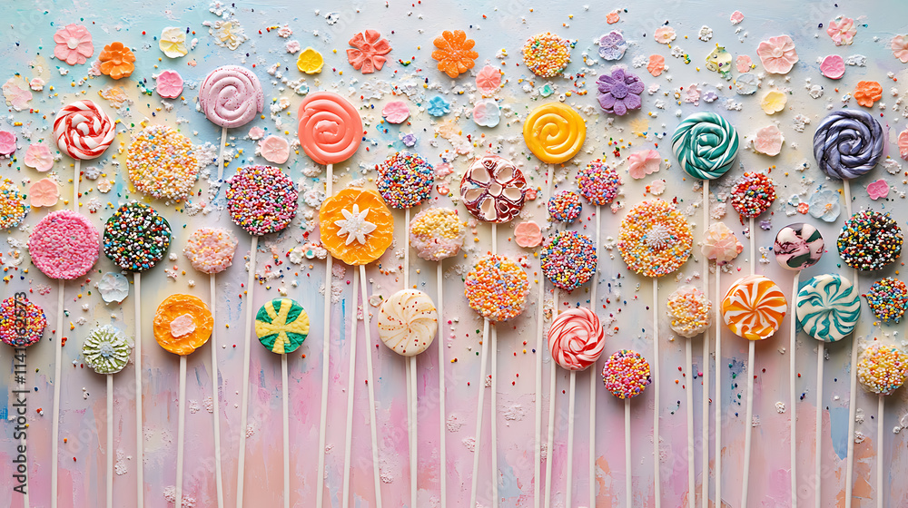 Poster a collection of colorful lollipops on a pastel background with sprinkles and sprinkles on them, all 