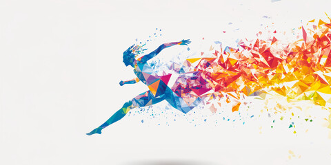 Obraz premium Abstract polygonal athlete in motion, colorful geometric explosion effect for Los Angeles 2028 Olympic Games and global sports events, symbolizing speed, energy, and dynamic movement.