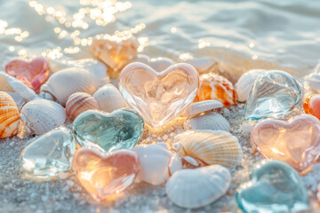 Vibrant glass hearts in sunset light on a beach, surrounded by seashells