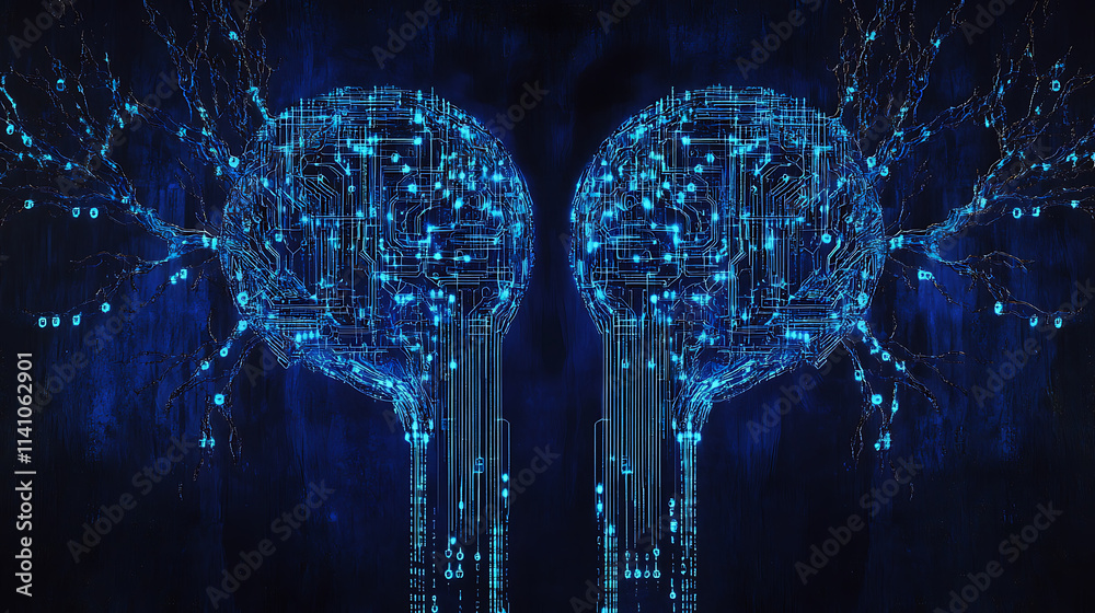 Aufkleber A digital brain made of blue circuit lines and binary code, with two connected branches representing the left side depicting an ai model or neural network concept