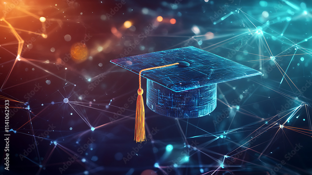 Aufkleber A blue digital mesh representing the network of interconnected nodes, with an illuminated graduation cap floating above it