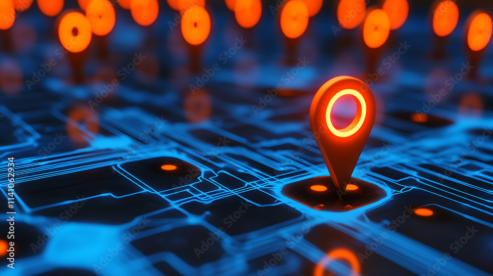 Poster a digital grid with connected nodes and orange location markers, on a blue illuminated background, c