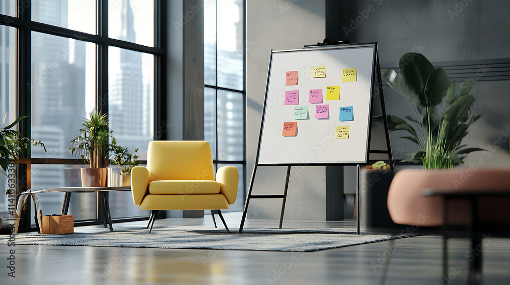 Poster a flipchart with sticky notes in a modern office environment, concept of brainstorming