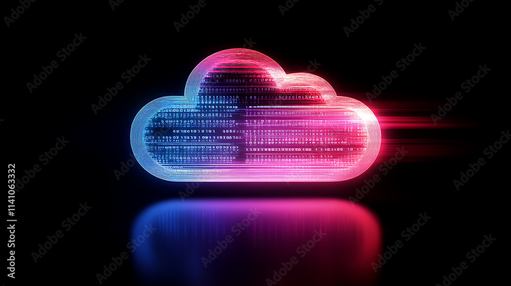 Poster A futuristic web hologram depicting digits and codes with a cloud icon, abstract motion of digital data flow, stock photo