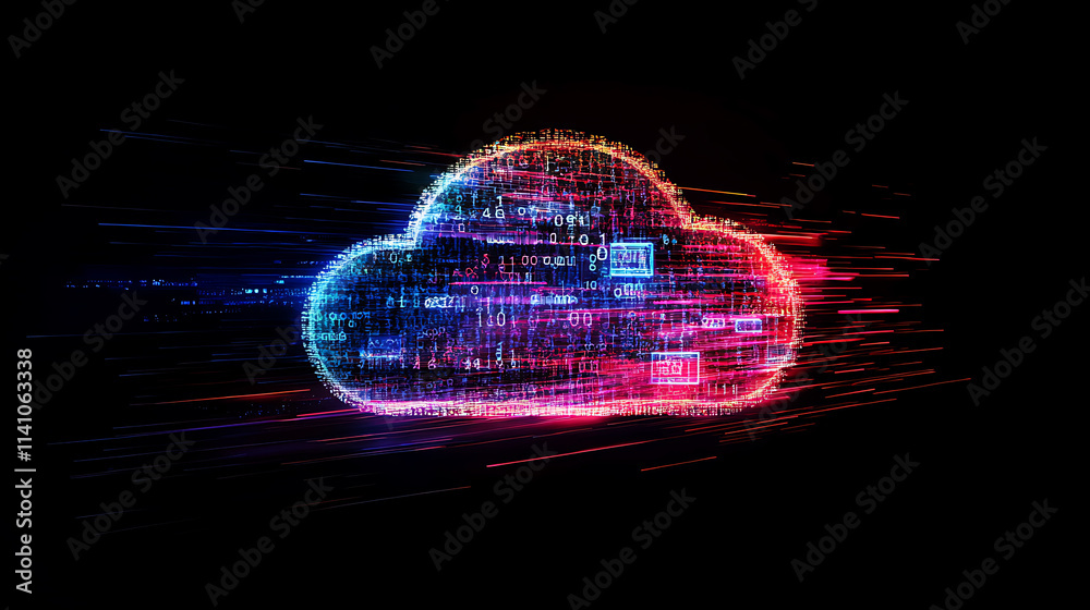 Fototapete a futuristic web hologram depicting digits and codes with a cloud icon, abstract motion of digital d