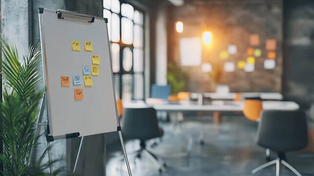 A flipchart with sticky notes in a modern office environment, concept of brainstorming
