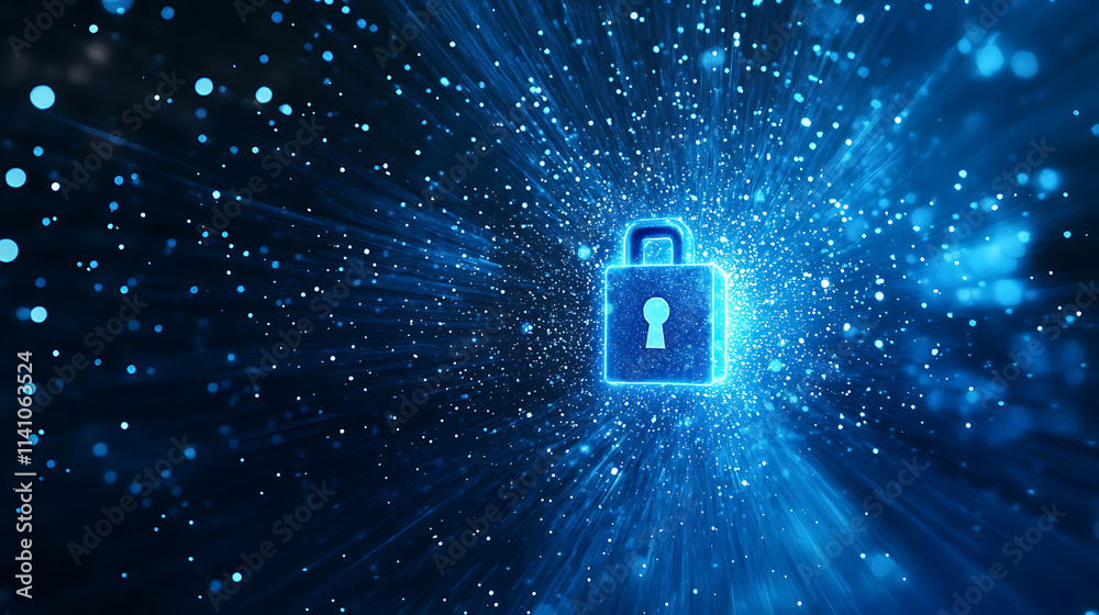 Aufkleber a glowing digital lock on a dynamic, particle-filled blue background symbolizes cybersecurity